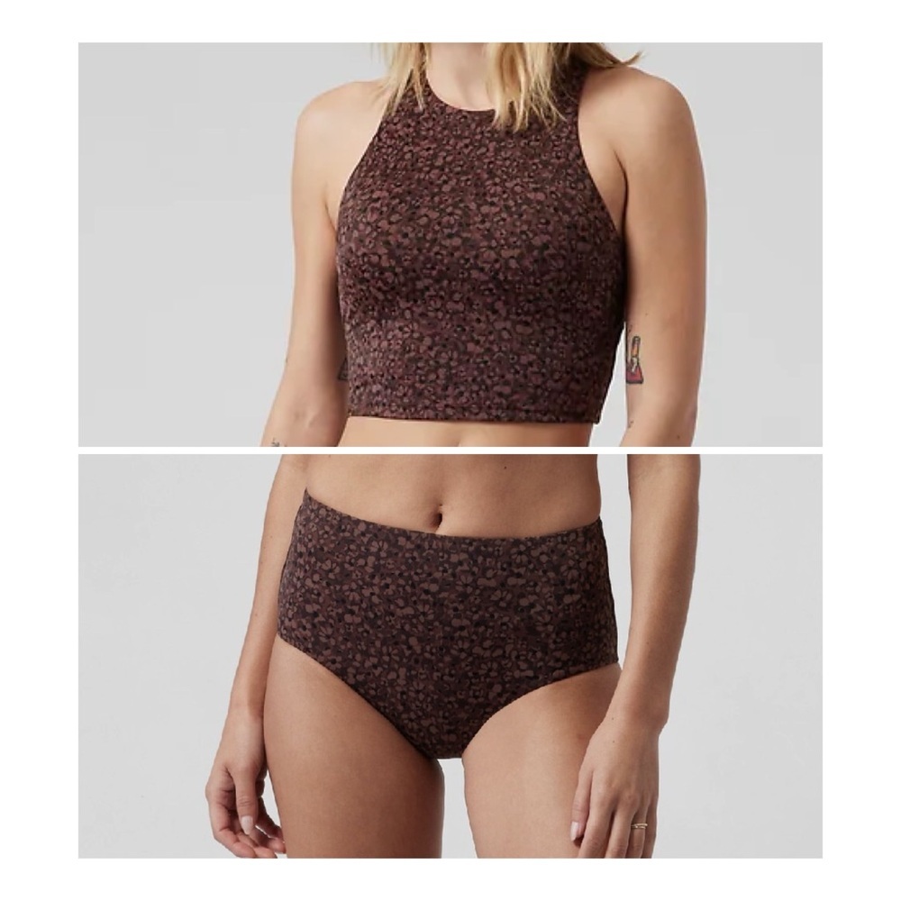 Athleta Set Conscious Crop Bikini A-C High Waist Bottom Camo Flora Chocolate S